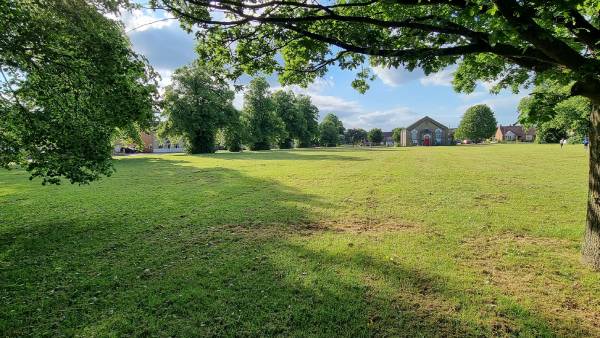 Open green park in Whittlesey with trees and clear sky, supporting local charity initiatives.