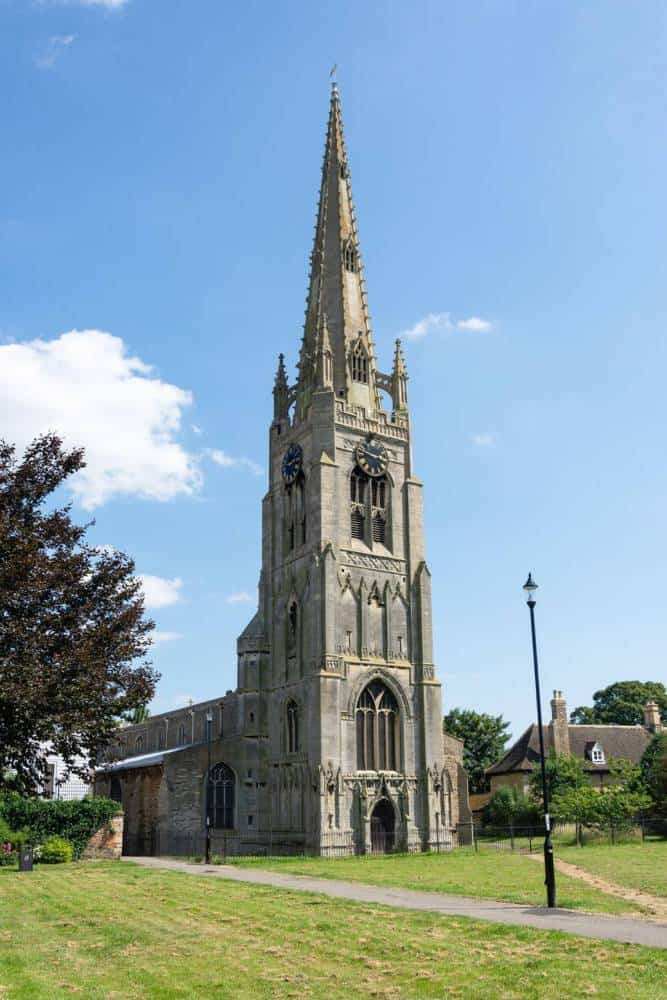 Historic church tower in Whittlesey, Cambridgeshire, UK.