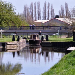 A boat navigating Lock 54 on the River Great Ouse in Whittlesey.